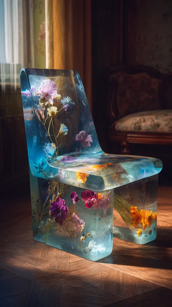A unique chair crafted from clear resin, encasing an array of preserved flowers in vibrant purples, oranges, and yellows.  The translucent material allows the floral arrangement to be visible from all angles, creating a striking piece of furniture that blends art and design. The chair sits on a dark hardwood floor, bathed in warm sunlight, highlighting its captivating beauty.