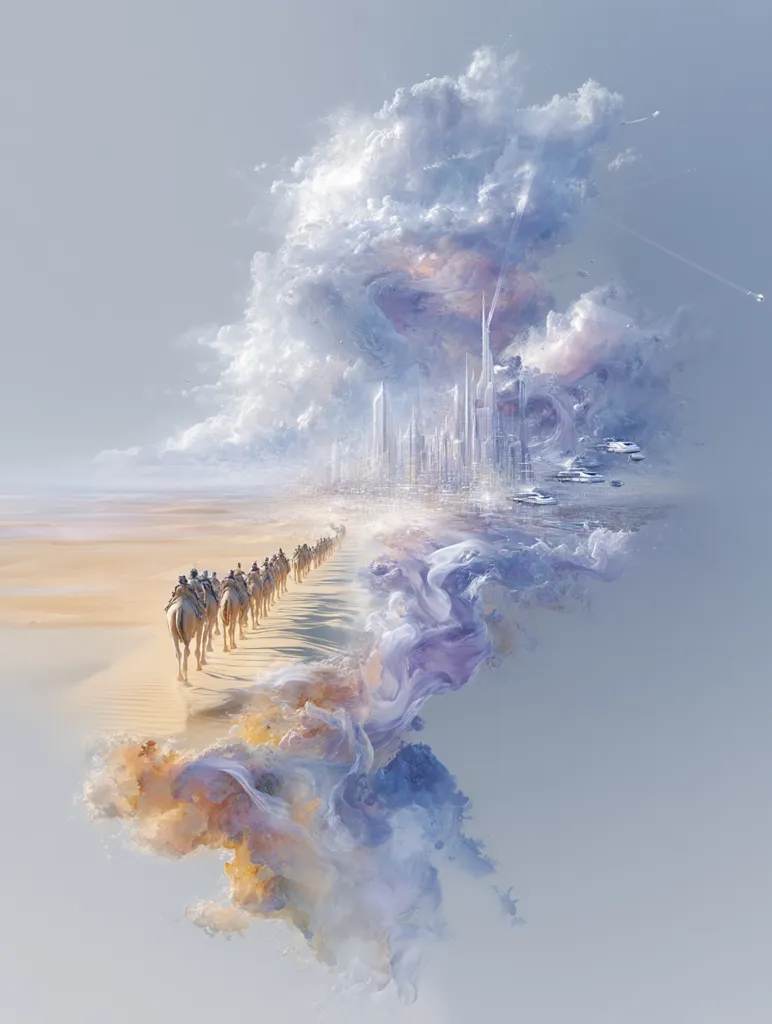 A caravan of camels traverses a desert path, leading towards a futuristic city emerging from a swirling, ethereal cloud formation.  The city's skyscrapers pierce the dreamy clouds, creating a surreal juxtaposition of tradition and technological advancement.  Pastel hues dominate the scene, evoking a sense of wonder and the merging of old and new worlds.