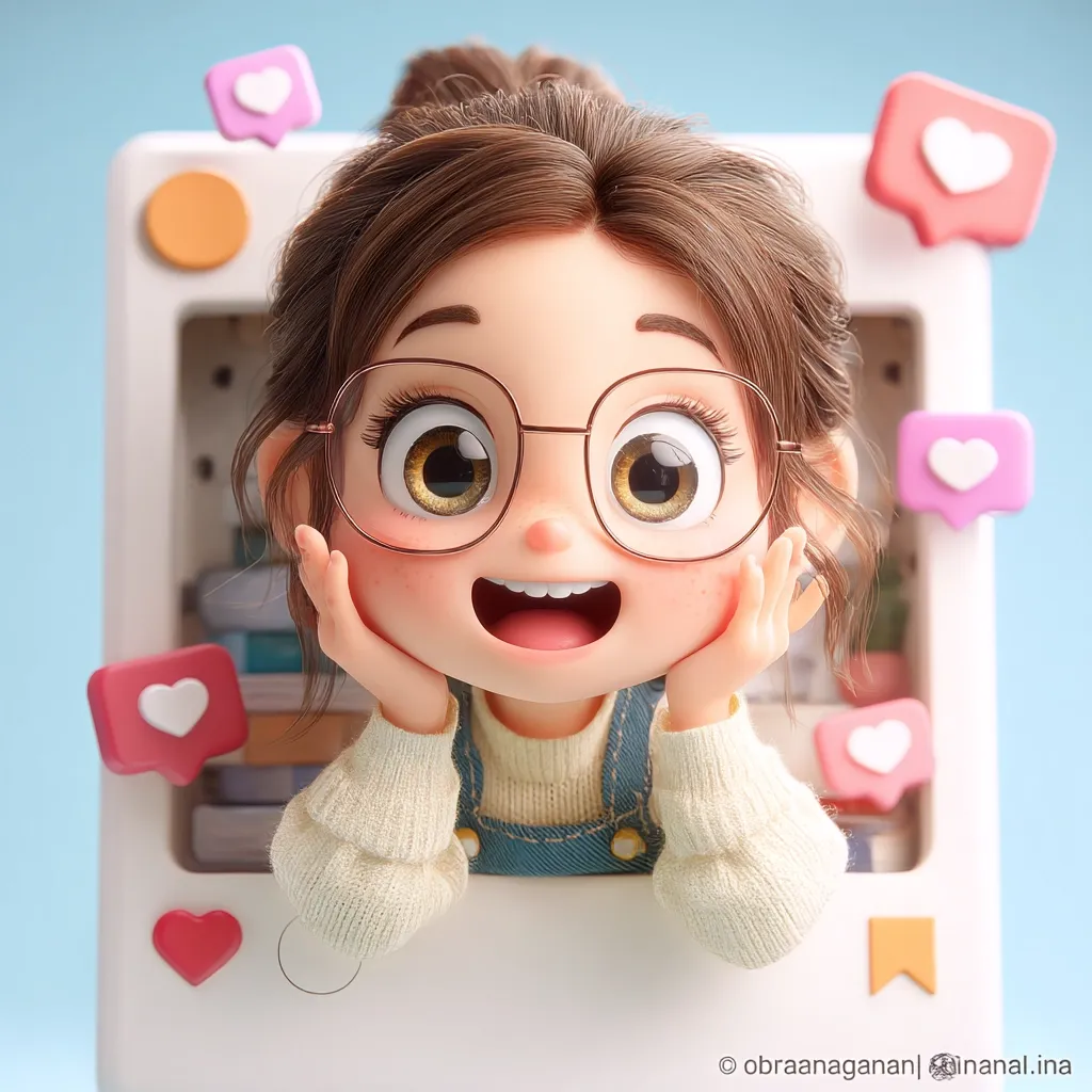 A cute, cartoon girl with large glasses and brown hair peeked from a digital frame.  She has a joyful expression and her hands are on her cheeks.  The frame is adorned with heart-shaped social media notification icons, suggesting a playful online presence.  Her outfit consists of a cream-colored sweater and denim overalls. The overall style is bright, cheerful, and digitally rendered.