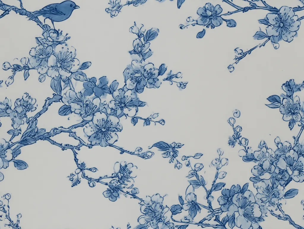 A delicate blue and white floral pattern features stylized cherry blossoms and a small bird perched on a branch. The design is reminiscent of classic blue and white china, with the blossoms rendered in a slightly watercolor-like style. The overall effect is airy and elegant, suggesting a serene and tranquil atmosphere.  The pattern repeats seamlessly.