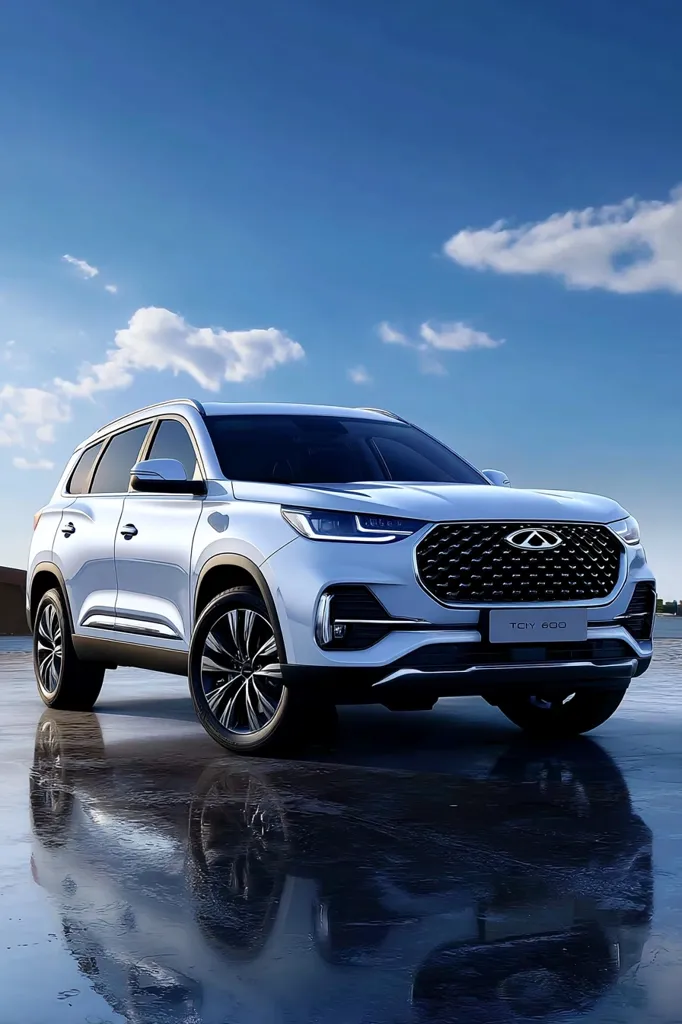 A sleek, light-grey TCY 600 SUV is showcased against a backdrop of a clear blue sky with scattered clouds.  The vehicle is positioned on a reflective surface, creating a mirrored image below. The SUV's design is modern and the image emphasizes its clean lines and sophisticated details.  The overall mood is one of elegance and modernity.