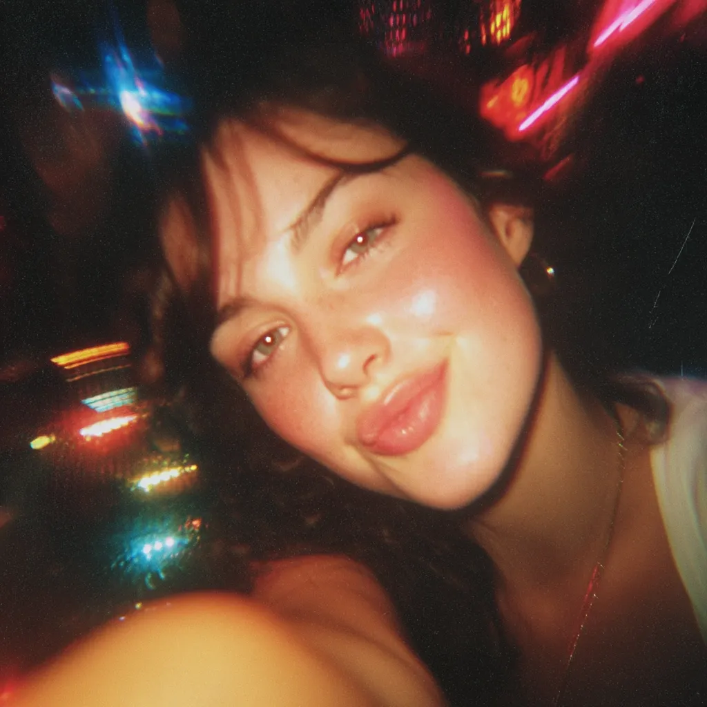 A close-up, slightly blurry photo of a young woman at night.  Her face is illuminated by colorful, out-of-focus lights creating a vibrant, almost dreamy effect.  She's smiling softly, her skin glowing.  The overall mood is fun, youthful, and reminiscent of a candid snapshot from a night out.  A delicate gold necklace is partially visible.