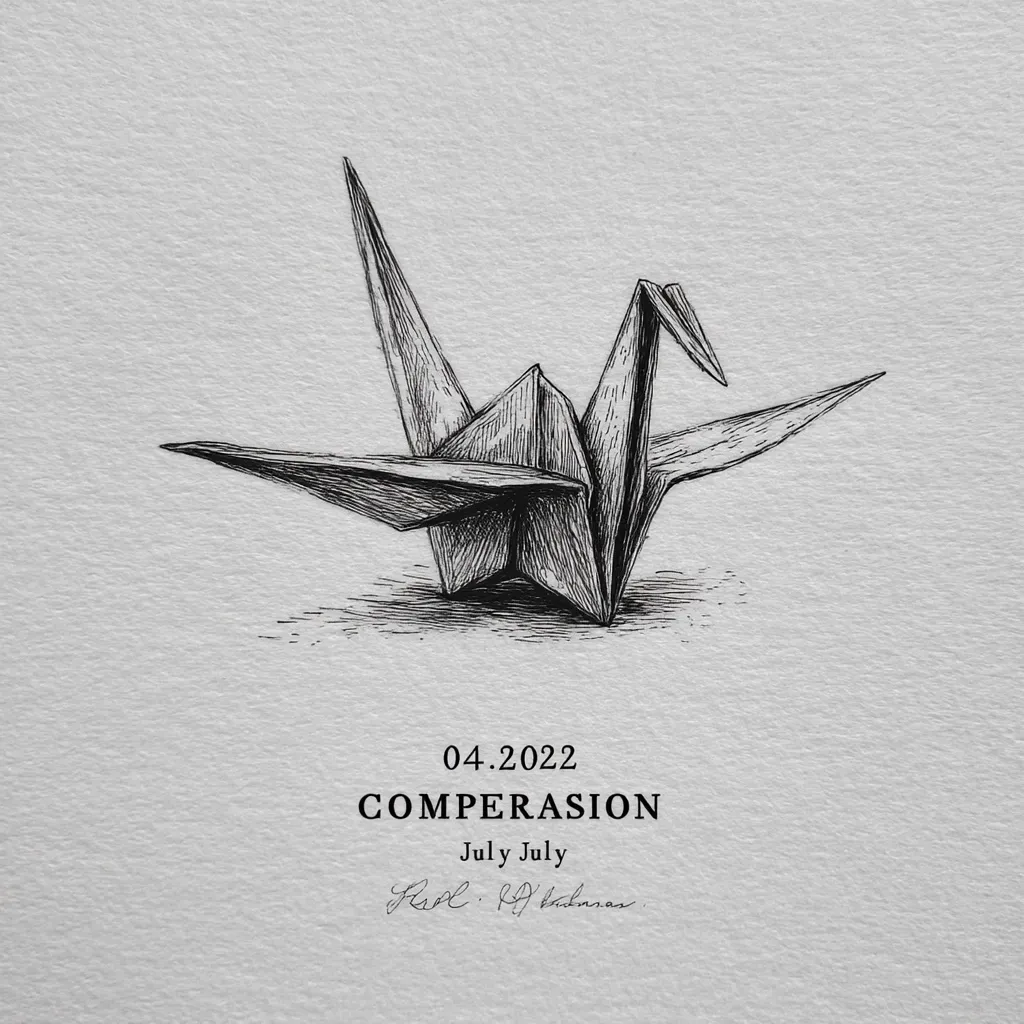 A detailed pen-and-ink drawing of an origami crane is presented against a textured grey background.  Below the image, the date "04.2022," the word "COMPERASION," and "July July" are inscribed.  A signature concludes the piece. The artwork is meticulously rendered, showcasing the folds and creases of the paper bird.