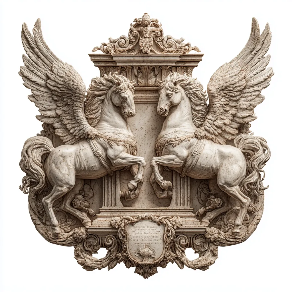 An ornate, off-white stone relief features two majestic winged horses, facing each other.  They stand on a classical architectural base, framed by elaborate scrollwork and a cartouche bearing an inscription.  The horses are powerfully sculpted, their wings and manes flowing dynamically. The overall style is Baroque, conveying a sense of grandeur and power.
