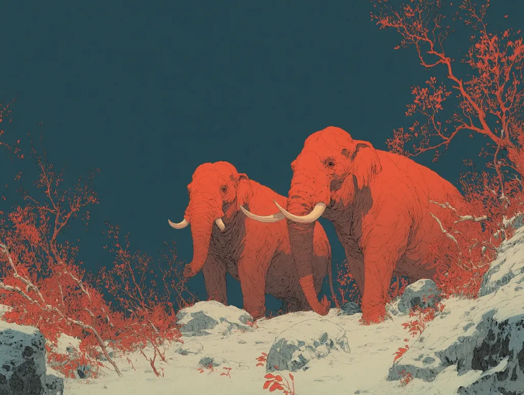 Two vibrant red elephants stand majestically on a snow-dusted landscape.  Bare, reddish-brown trees and shrubs surround them against a deep teal sky.  The elephants, rendered in a stylized, almost surreal manner, possess long tusks. The overall scene is one of quiet, stark beauty.