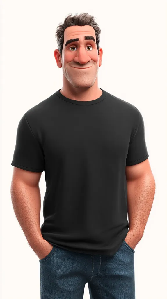 A stylized cartoon man with short brown hair and a broad smile stands against a white background. He's wearing a simple black t-shirt and dark blue jeans, his hands casually in his pockets.  His expression is friendly and approachable, and his features are slightly exaggerated for a cartoonish effect.  The overall style suggests a character from an animated film.