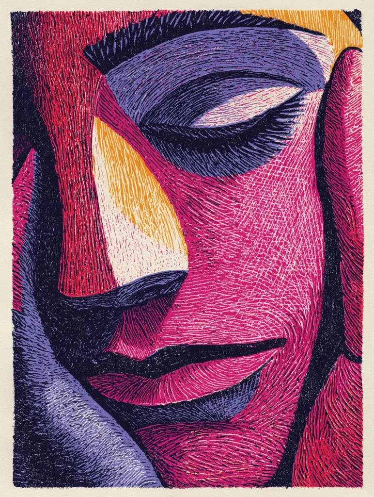 A vibrant, stylized woodcut print depicts a close-up of a person's face.  The image uses bold, contrasting colors—primarily deep pinks, purples, and oranges—and expressive lines to convey a sense of emotion and texture. The eyes are closed, suggesting serenity or contemplation. The face is rendered in a somewhat abstract manner, emphasizing form and color over precise realism.  The artist's technique creates a textured, almost tactile quality to the artwork.