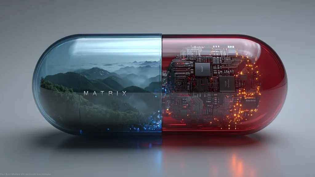 A large, translucent capsule is split in two, representing a choice. One half shows a serene landscape with the word "MATRIX," suggesting reality. The other half reveals intricate circuitry and glowing components, symbolizing a simulated world.  The image evokes the iconic choice presented in the film "The Matrix."