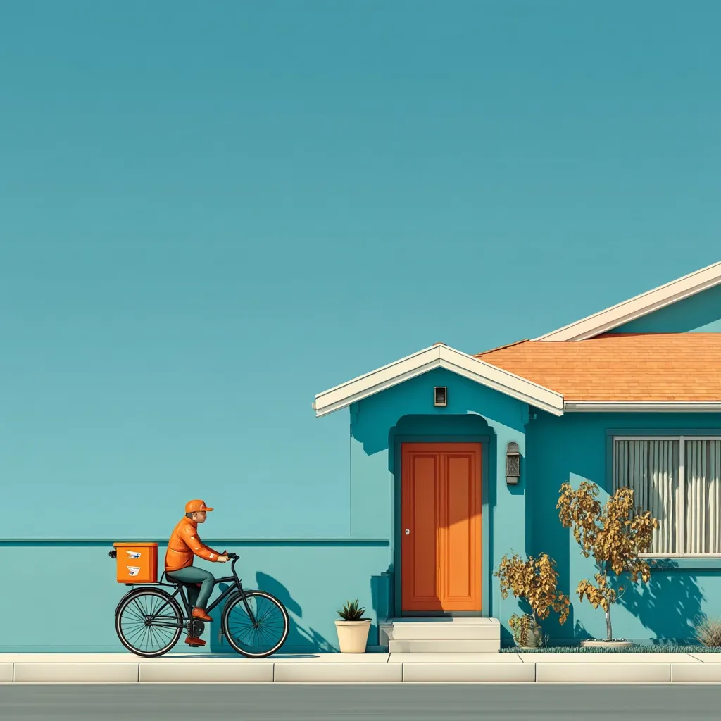 A delivery person on a bicycle approaches a teal-colored house.  The bicycle is carrying an orange delivery box. The house has an orange door and terracotta-colored roof. The scene is minimalist and features a clear blue sky.  The overall aesthetic is bright, clean, and modern.