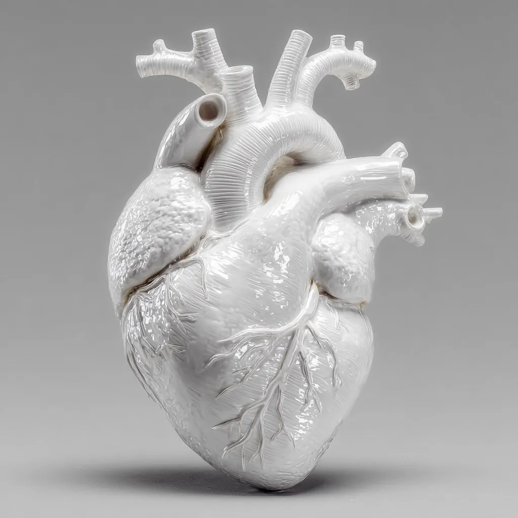 A meticulously detailed anatomical model of a human heart is presented.  Crafted from white porcelain, it showcases the ventricles, atria, and major vessels with remarkable realism. The smooth, glossy finish of the porcelain contrasts with the textured depiction of the heart's surface.  The piece is displayed against a neutral gray background, emphasizing its sculptural form.