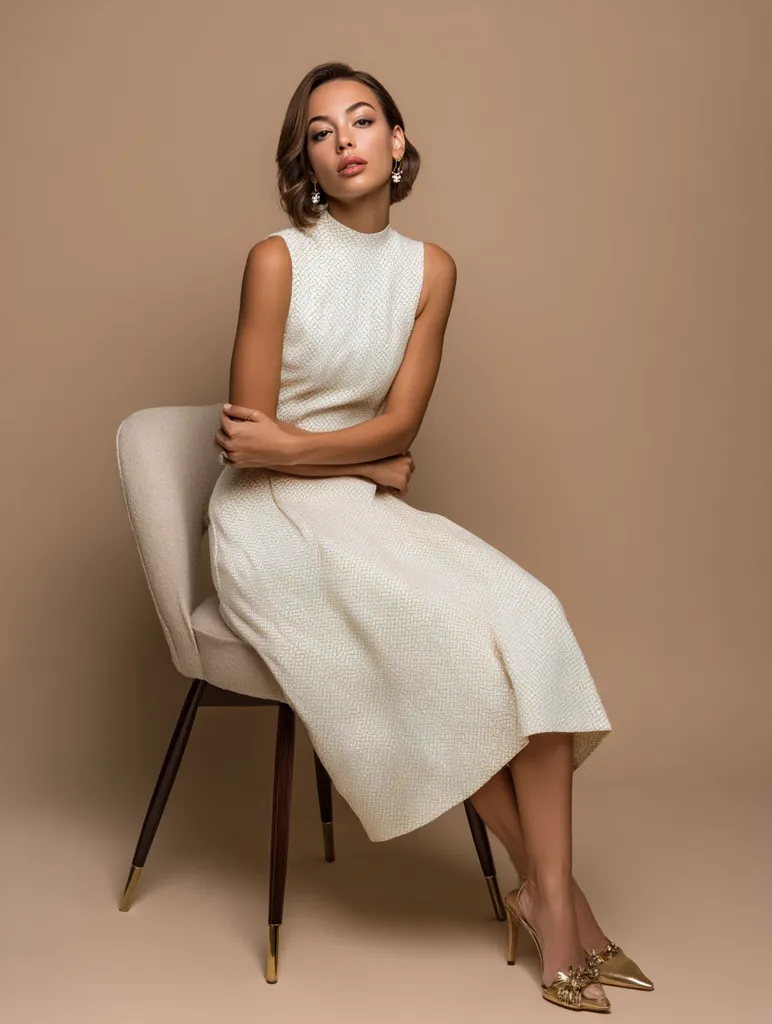 A stylish woman with a chic bob haircut sits gracefully on a beige chair against a muted brown backdrop. She's elegantly dressed in a cream-colored, textured sleeveless midi dress, paired with gold high-heeled shoes adorned with delicate floral detailing. Her poised posture and subtle jewelry complete the sophisticated ensemble.  The overall image exudes refinement and understated glamour.