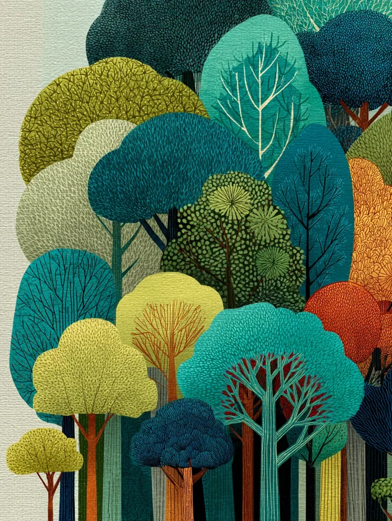 A stylized illustration depicts a dense forest.  The trees are abstract, with vibrant, textured canopies in shades of teal, green, yellow, and orange.  Their trunks are long and slender, varying in color to match their crowns. The overall effect is a whimsical and colorful depiction of nature.