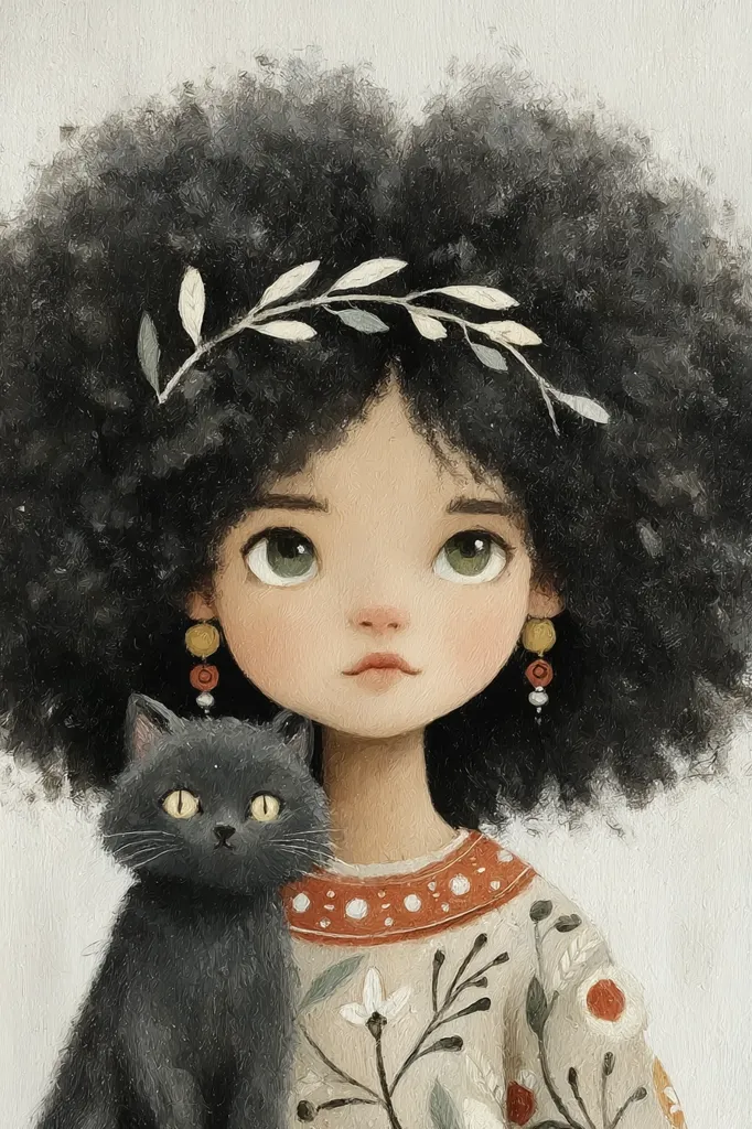 A digital painting portrays a young girl with a large, dark afro adorned with a delicate white leaf crown.  She has large, expressive eyes and wears a beige, floral-patterned top with orange detailing.  A small black cat sits calmly on her shoulder. The style is whimsical and charming, with soft brushstrokes and a focus on the girl's gentle expression.