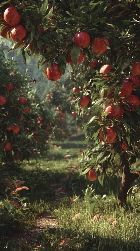 A sun-drenched apple orchard stretches into the distance, laden with ripe, red apples.  The trees are full, their branches heavy with fruit. A grassy path winds between the rows, inviting exploration. Insects buzz lazily amidst the blossoms and foliage. The overall scene evokes a sense of peaceful abundance and natural beauty.