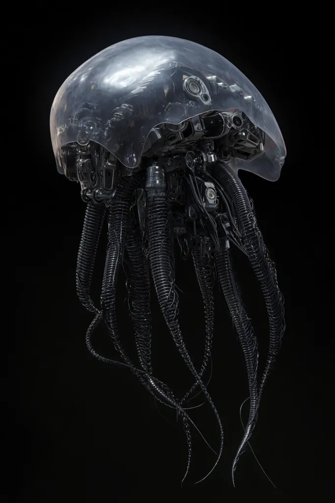 A dark, metallic robotic jellyfish is depicted against a black background.  Its head is encased in a transparent dome, revealing complex internal mechanisms.  Multiple, slender, tentacle-like appendages extend downward, creating a biomechanical aesthetic.  The image is highly detailed, emphasizing the intricate design of this futuristic creature.