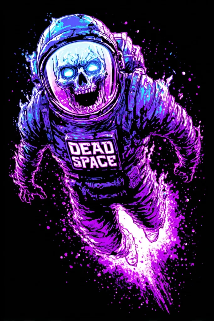 A vibrant, stylized illustration depicts a dead astronaut, seemingly decaying or melting into a purple and blue nebula.  The astronaut's skull is visible within the helmet, its glowing eyes and open mouth adding to the macabre aesthetic.  The words "DEAD SPACE" are emblazoned on the chest plate, suggesting a theme of cosmic horror or a video game reference.  The background is black, speckled with smaller purple and white particles.