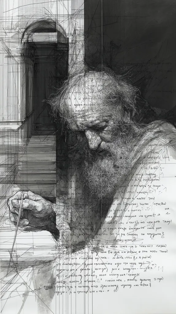 A monochromatic artwork depicts an elderly, bearded man hunched over, seemingly writing or drawing with a thin instrument. His figure is intricately detailed with fine lines, superimposed over a background of architectural sketches and handwritten text, suggesting a blend of portraiture and architectural design.  The style is intensely detailed and layered, giving a sense of depth and complexity. The overall mood is contemplative and introspective.