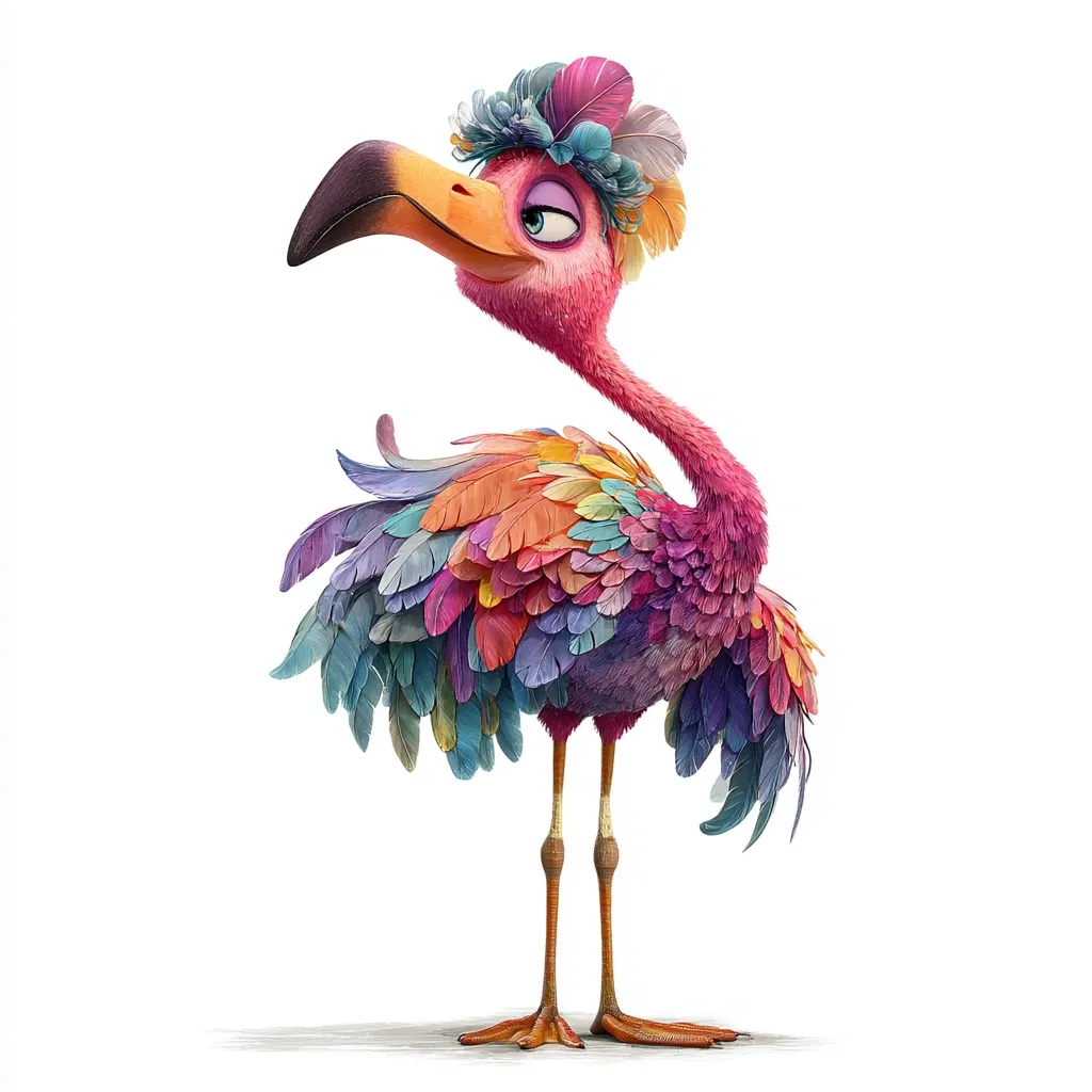 A vibrant, cartoon flamingo stands against a white background. Its plumage is a kaleidoscope of colors, unlike a real flamingo.  The bird sports a whimsical headpiece of feathers, and its expression is one of playful nonchalance.  The style is whimsical and brightly colored, suggesting a children's illustration or character design.