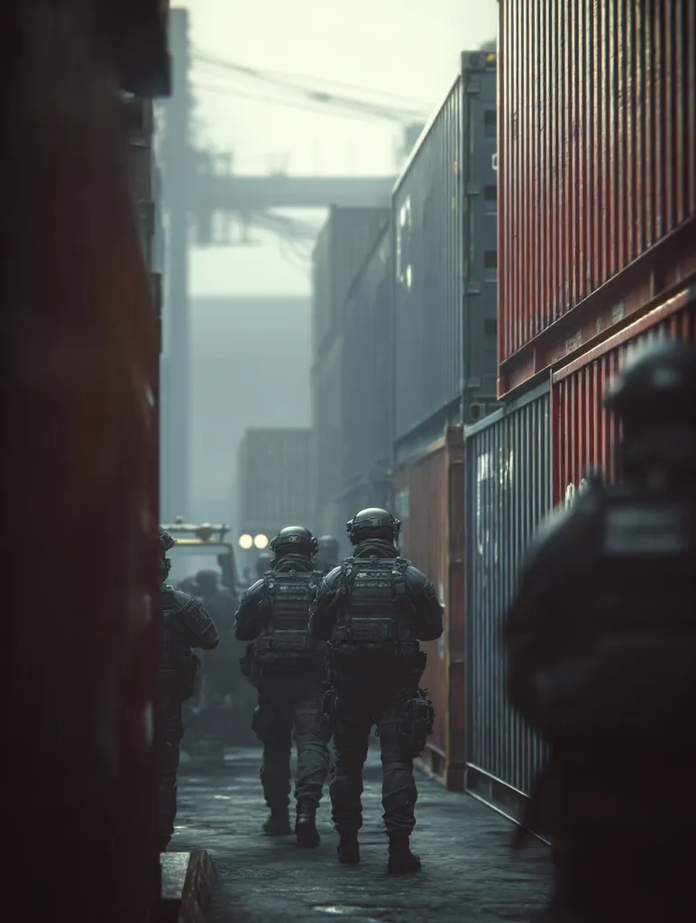 A squad of tactical officers in full gear walks down a narrow alleyway between rows of shipping containers at a misty port.  Their backs are to the viewer, creating a sense of mystery and purpose. The atmosphere is somber and tense, hinting at an impending operation or investigation.  The background is blurry, emphasizing the focus on the soldiers.
