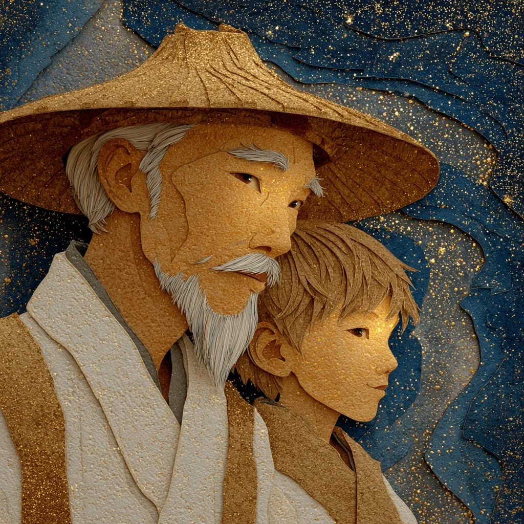 A paper art piece depicts an elderly Asian man with a wide-brimmed hat and a younger boy, their faces close together.  The style is textured, with gold flecks resembling glitter on a beige and brown palette.  They appear to be father and son, set against a dark blue background speckled with golden stars.  The image evokes a feeling of warmth and closeness, possibly representing a generational bond.