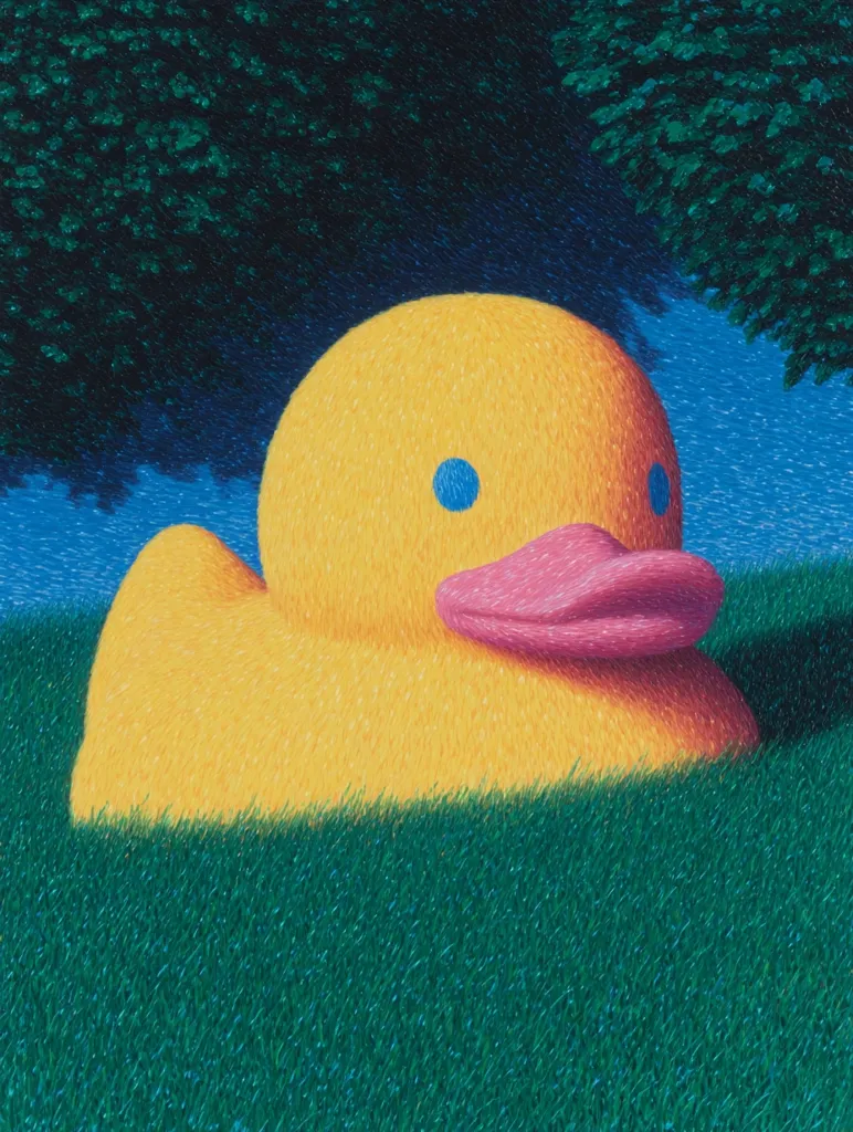A large, vibrant yellow rubber duck rests in a field of deep green grass, partially obscured by the shadow of overhanging trees. The duck's features are exaggerated, with bright blue eyes and a prominent pink beak. The painting style is highly textured, creating a sense of tactile detail in both the duck and the grass. The overall tone is surreal and slightly whimsical.