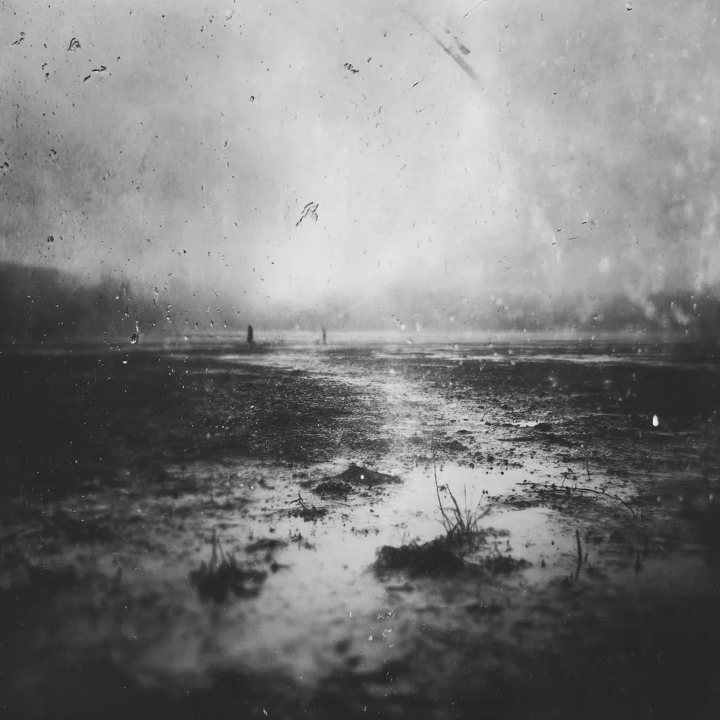 A monochrome landscape photograph, viewed through a rain-streaked window.  The image depicts a desolate, muddy expanse under a somber sky. Two indistinct figures stand in the distance, adding to the feeling of isolation and emptiness. The overall mood is melancholic and atmospheric, emphasized by the grainy texture and muted tones.