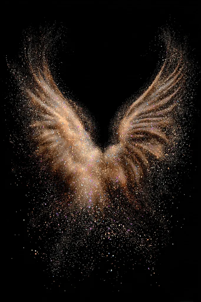 A pair of shimmering, golden wings are depicted against a stark black background.  The wings appear to be composed of glittering dust or particles, creating a celestial, ethereal effect.  The image is abstract and evokes a sense of fantasy, magic, or freedom.  The light catches the particles, making them sparkle and shimmer, enhancing the overall mystical feel.