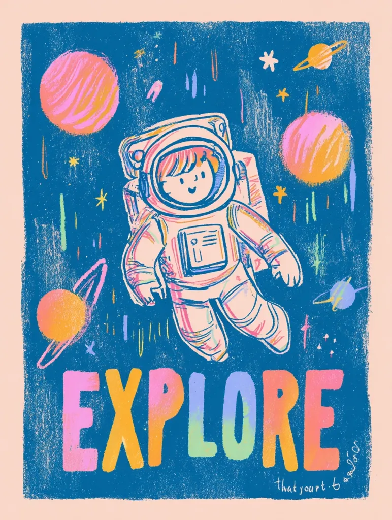 A vibrant illustration features a child astronaut floating in space amidst colorful planets and stars.  The astronaut is drawn in a playful, hand-drawn style. The word "EXPLORE" is prominently displayed in multicolored lettering below the astronaut.  The overall style is reminiscent of vintage prints and children's book illustrations, promoting a sense of wonder and adventure.  A small signature is visible in the bottom right corner.