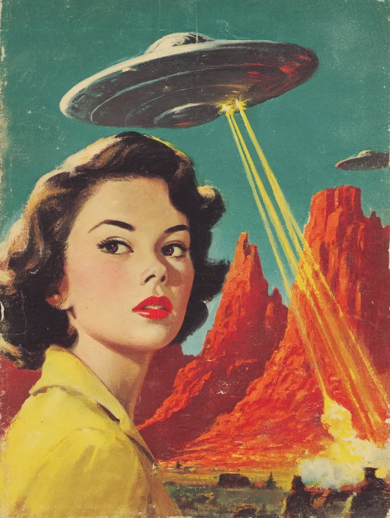 A mid-century modern illustration depicts a young woman in a yellow shirt, her face partially visible, with a large flying saucer hovering above her.  Beams of light shoot down from the saucer towards a dramatic red rock landscape in the background, suggesting an alien encounter or invasion. The style is reminiscent of vintage science fiction pulp magazine covers.