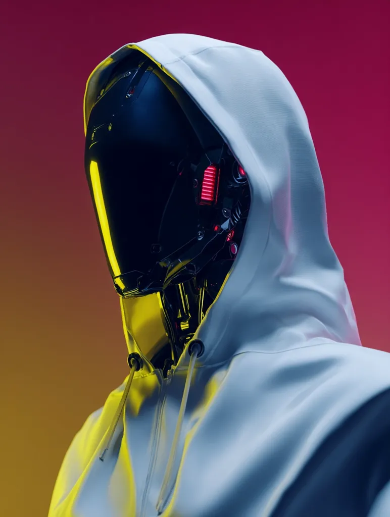 A digital rendering showcases a robot's head and shoulders, concealed beneath a light blue hoodie.  The robot's face is partially obscured, revealing a sleek, dark helmet with glowing yellow accents and visible internal mechanisms. The image's background is a gradient of deep crimson and gold, enhancing the futuristic aesthetic. The overall mood is one of mystery and technological advancement.