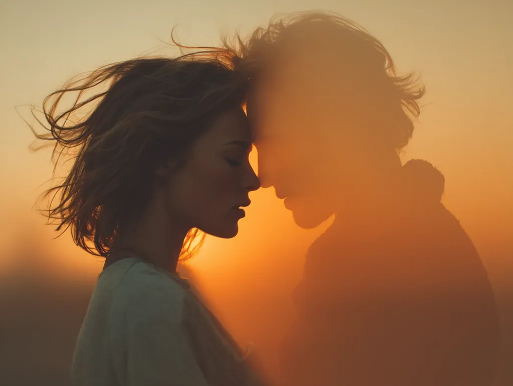 Silhouetted against a vibrant sunset, a couple stands close, their foreheads gently touching.  The woman's hair flows freely in the breeze, while the man's form is slightly obscured by a hazy, golden light. The image evokes a feeling of intimacy and connection, bathed in the warm glow of the setting sun.  The overall effect is dreamy and romantic.