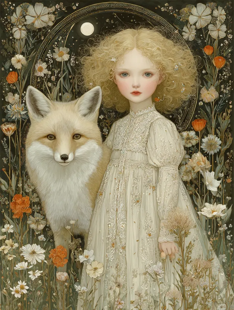 A young girl with blonde, curly hair stands in a field of wildflowers, a pale fox at her side.  She wears a long, lacy white dress. The scene is softly lit by a full moon in a dark sky.  The overall style is ethereal and reminiscent of fairy tale illustrations, with delicate details in both the girl and the floral setting.