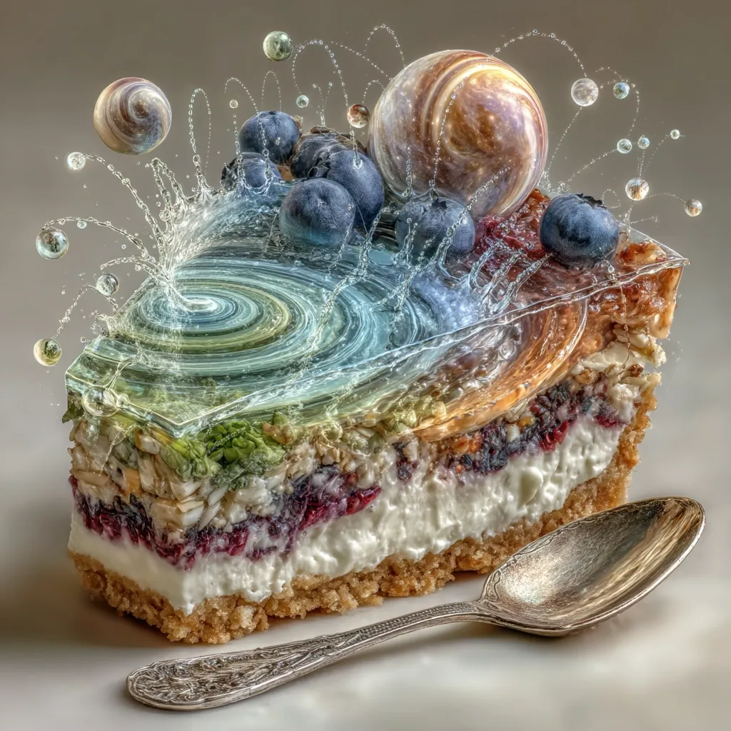 A surreal image depicts a slice of layered cake, seemingly infused with cosmic elements.  Blueberries adorn the top, while a swirling, translucent layer resembles a nebula.  Small, planet-like spheres float amidst water droplets splashing from the cake.  An antique spoon rests beside this fantastical dessert, enhancing its otherworldly aesthetic.