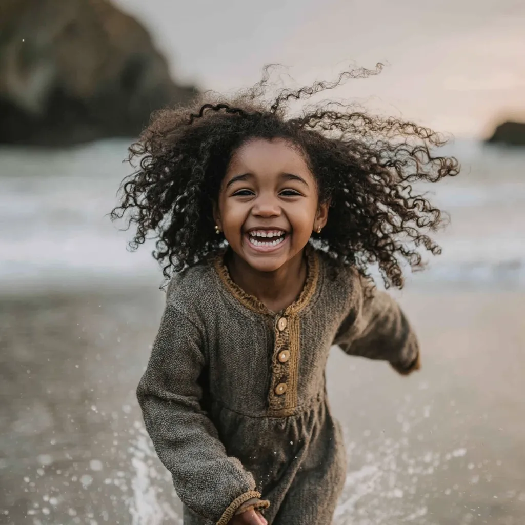 A young girl with curly hair runs joyfully along a beach, her wide, bright smile radiating pure happiness.  She wears a long-sleeved, grayish-brown dress, and the ocean's spray splashes around her. The background features a blurred shoreline and overcast sky, focusing attention on the child's exuberant expression.  The image evokes feelings of freedom and carefree joy.