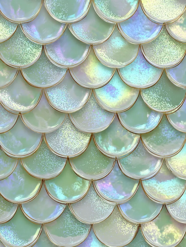A close-up image reveals a seamless pattern of iridescent, pastel green scales.  Each scale is outlined in gold, creating a shimmering, mermaid-like effect.  The scales overlap in a consistent pattern, suggesting a textured surface with subtle glitter embedded within the scales.  The overall tone is ethereal and dreamy, evoking a sense of fantasy.