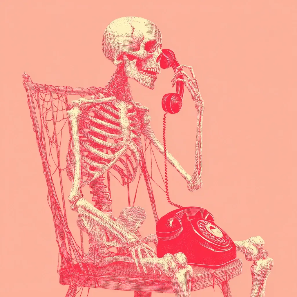 A skeleton sits in a dilapidated wooden chair, holding a vintage rotary phone to its skull.  The image is rendered in a reddish-pink color scheme, giving it a vintage or macabre aesthetic. The skeleton appears calmly engaged in a phone conversation, its bony fingers delicately holding the receiver. The overall impression is one of eerie stillness and unexpected normalcy.