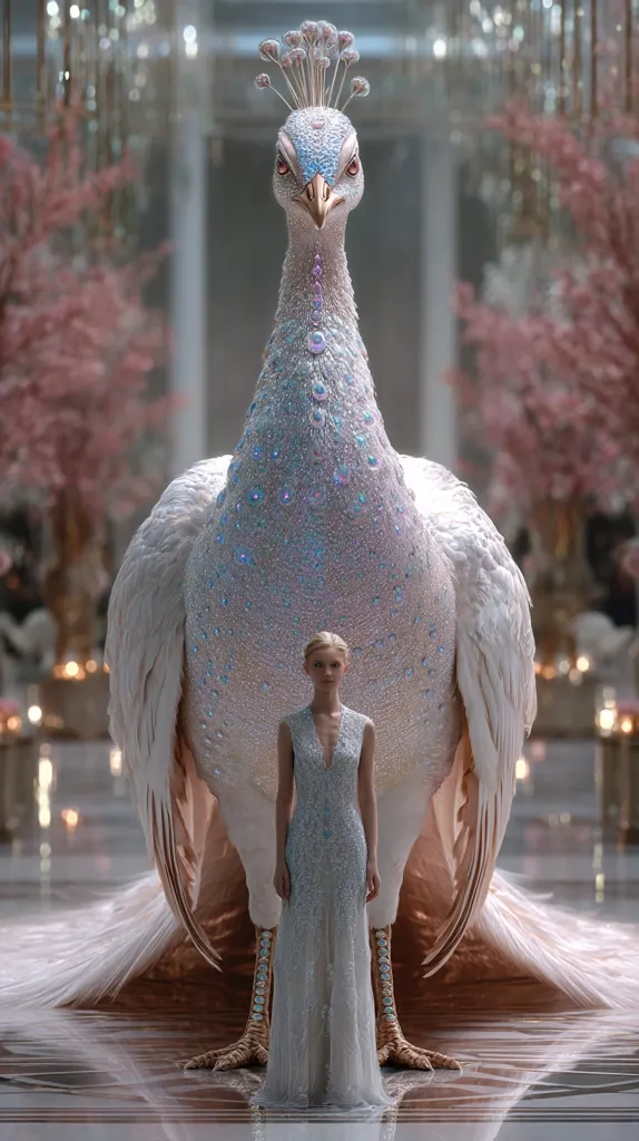 A woman in an elegant, light-grey gown stands before an enormous, ornate white peacock. The peacock's plumage shimmers with iridescent details, creating a majestic and surreal scene.  The setting appears to be a grand, opulent hall, subtly lit with a soft, romantic ambiance. The overall impression is one of fantasy and refined beauty.