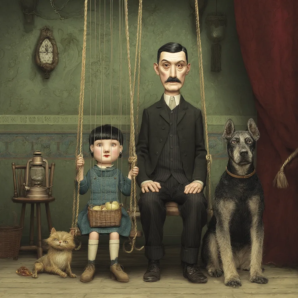A surreal painting depicts a man and a girl, appearing as marionettes on a rope swing.  The man, in a dark suit, sits stoically beside the girl, who holds a small basket. A fluffy cat and a large dog sit beside them, adding to the unsettling, dreamlike atmosphere of the scene.  The muted greens and browns of the room enhance the overall sense of mystery.