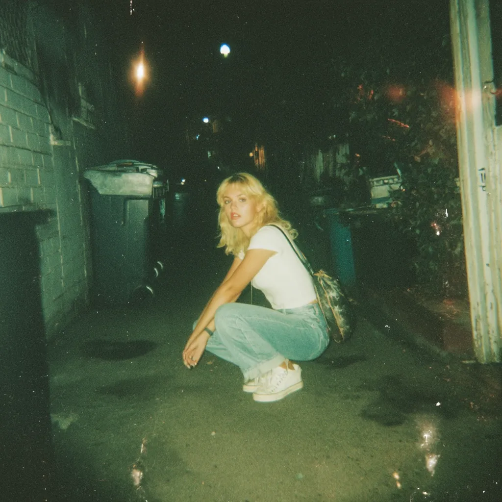 A young woman with blonde hair squats in a dimly lit alleyway at night. She wears a white t-shirt, light blue jeans, and white sneakers.  A brown backpack rests on her shoulders.  Dumpsters are visible in the background, adding to the urban setting. The image has a grainy, nostalgic quality, reminiscent of a film photograph.