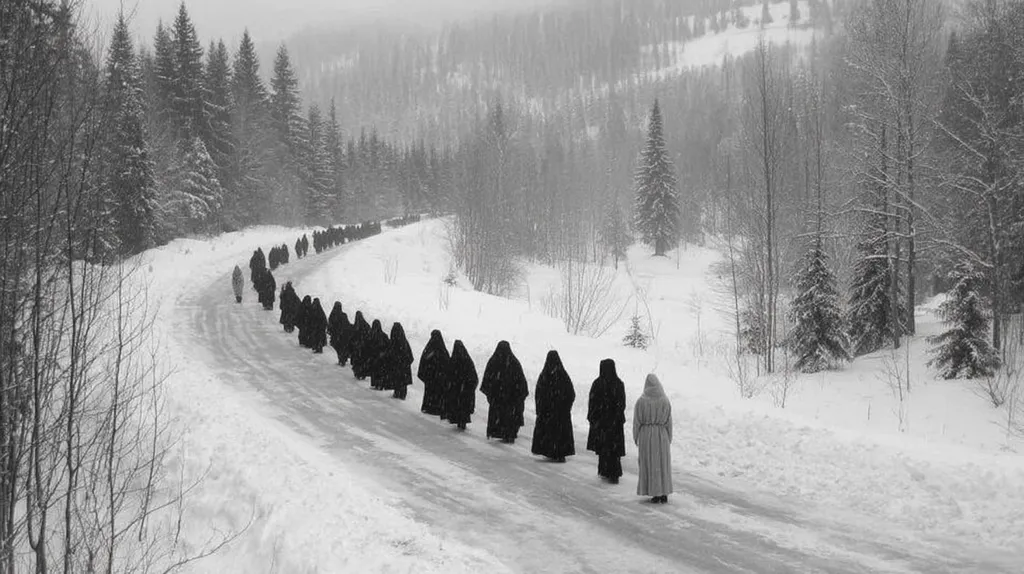 A long line of cloaked figures, possibly nuns, walk along a snow-covered road winding through a snowy, pine-filled landscape.  The scene is monochromatic, emphasizing the stark contrast between the dark robes and the bright white snow. The figures move in a single file, creating a sense of quiet procession in the wintry wilderness.  A lone figure in a lighter robe trails slightly behind the main group.