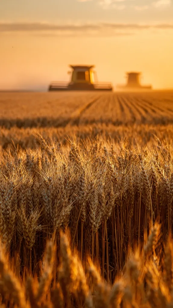 Golden wheat field bathed in the warm glow of sunset.  Two distant combine harvesters, blurred by distance, work amidst the ripe crop.  The scene evokes a sense of harvest and the tranquility of rural life at golden hour.  The focus is on the foreground wheat, highlighting its rich color and texture.