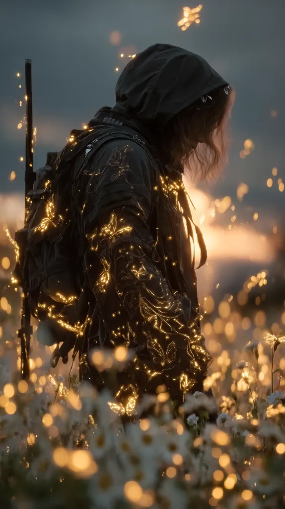 A person in a dark hooded jacket stands in a field of white flowers.  Golden sparks or lights seem to emanate from the jacket and float in the air, creating a magical, ethereal effect. The setting sun casts a warm glow, enhancing the mystical atmosphere.  A rifle rests against their back.  The overall image evokes a sense of mystery and wonder.