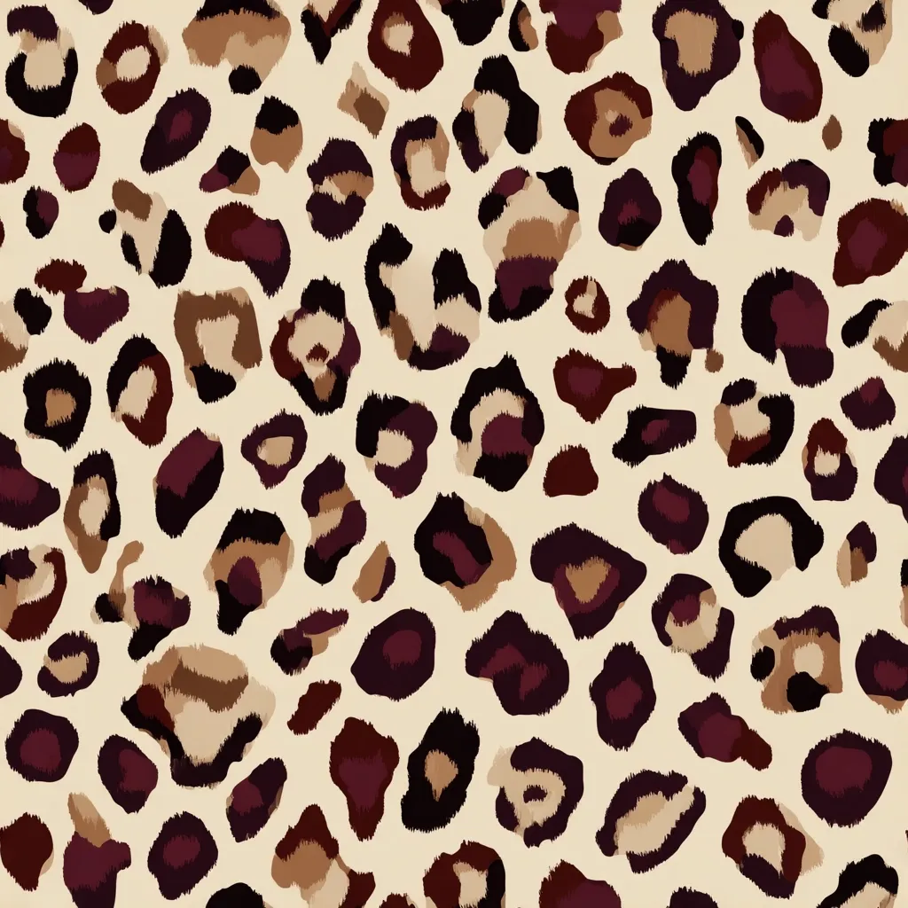 A seamless pattern featuring a leopard print design. The background is a light beige, and the spots are various shades of brown, maroon, and tan.  The spots are irregular in shape and size, creating a realistic animal print effect. The overall texture is soft and slightly fuzzy, suggesting a plush or velvety feel. The pattern is suitable for fashion, textile, and various design applications.