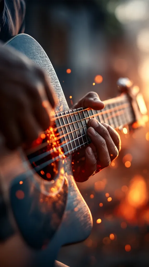 Close-up of a person playing an acoustic guitar.  The guitar's body and strings are partially obscured by a fiery orange glow and sparks, creating a dramatic and intense visual.  The musician's hands are visible, skillfully fretting the strings. The background is blurred, emphasizing the guitar and the player's focused expression.  The overall mood is passionate and energetic.
