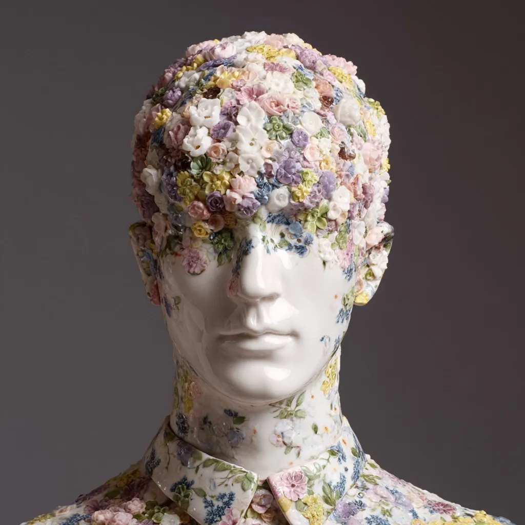 A porcelain bust of a man is meticulously adorned with an array of tiny, multicolored flowers.  The flowers completely cover the head and upper torso, including a collared shirt, creating a striking contrast between the human form and the floral embellishment. The overall effect is both delicate and surreal.
