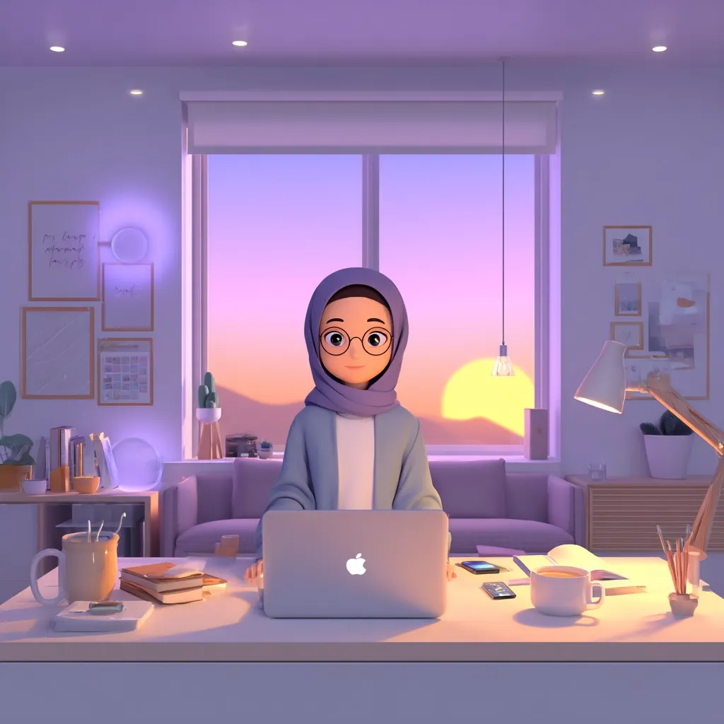 A 3D rendered illustration depicts a hijab-wearing woman sitting at a desk in a brightly lit room.  She's working on a laptop, surrounded by books, a mug, and other stationery. The room is decorated in calming pastel hues, with a large window showcasing a picturesque sunset. The overall ambiance is peaceful and serene, suggestive of a home office or workspace.
