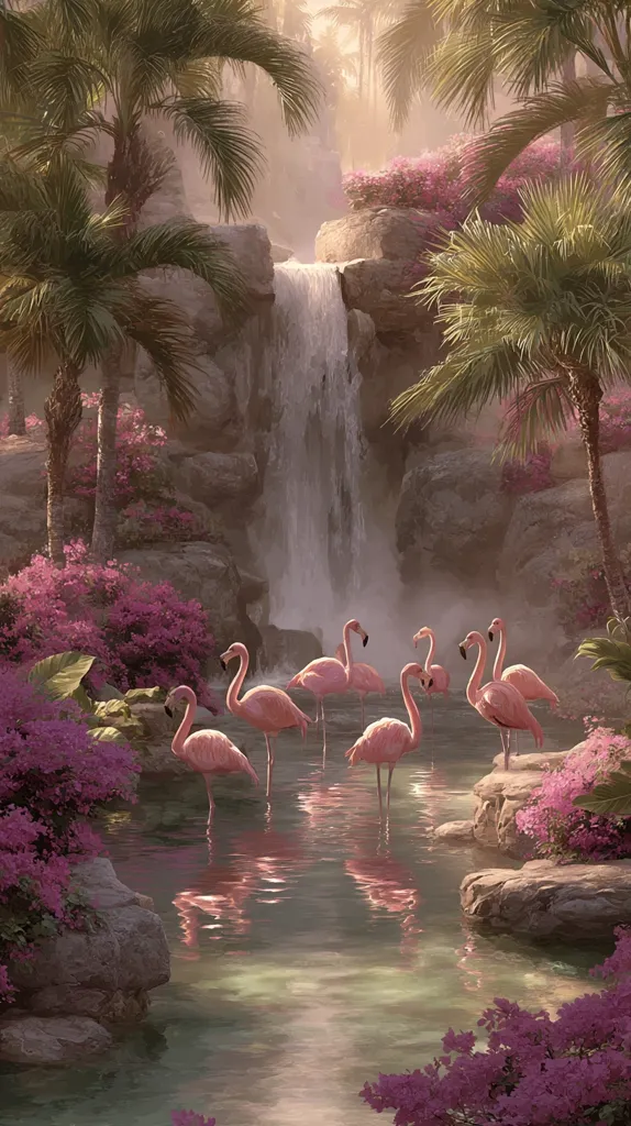 A serene tropical scene unfolds with a cascading waterfall nestled amidst lush greenery.  Pink flowering bushes add vibrant color to the rocks surrounding a tranquil pond.  A flock of graceful pink flamingos peacefully stand in the calm water, their reflections mirrored on the surface.  Palm trees frame the idyllic paradise, bathed in soft, misty sunlight.