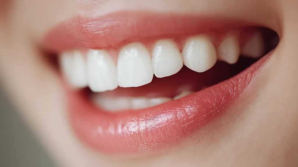 Close-up of a person's smile, showcasing perfectly aligned, bright white teeth.  The lips are full and a soft, natural pink. The image highlights healthy gums and a radiant, confident smile.  The overall impression is one of beauty and oral health.