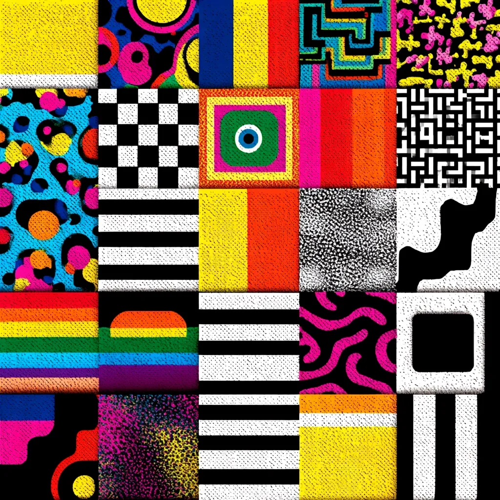 A vibrant patchwork of squares displays a diverse array of patterns.  Bold colors dominate, including bright yellows, reds, pinks, and blues.  Geometric shapes like stripes, checkers, and mazes are interspersed with organic forms and abstract designs. The overall effect is a playful, energetic, and visually stimulating collage.  A textured surface adds depth to the piece.