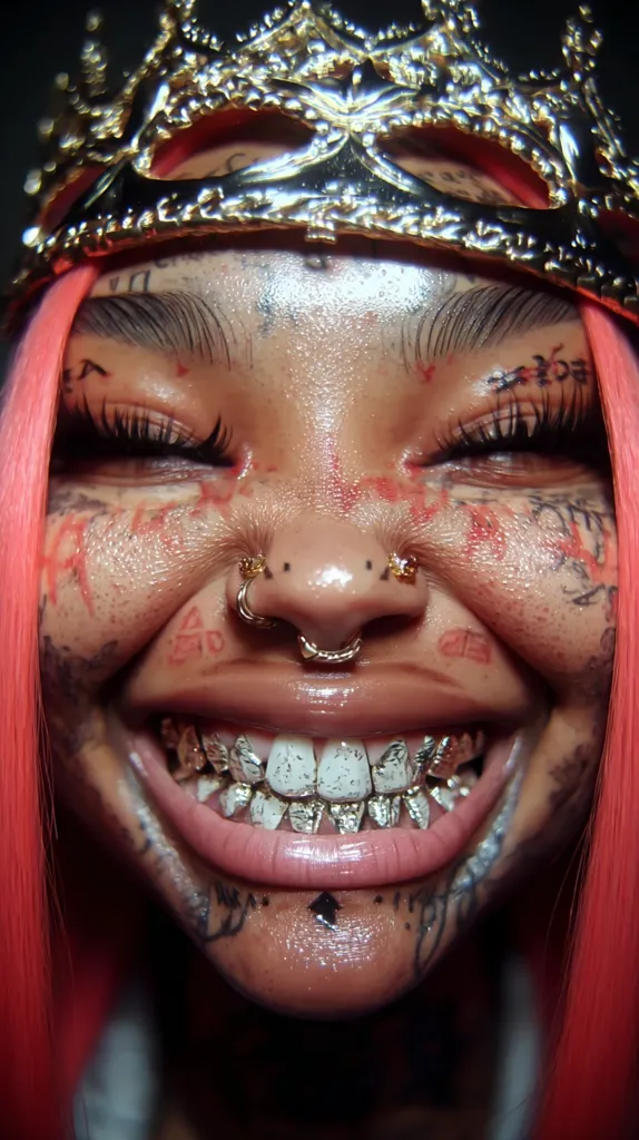 Close-up of a person with bright pink hair, wearing a gold crown.  Their face is heavily tattooed with red script and small black markings. They have multiple piercings, including a septum and nostril rings.  A large, gold grill covers their teeth. The overall aesthetic is bold and heavily stylized.